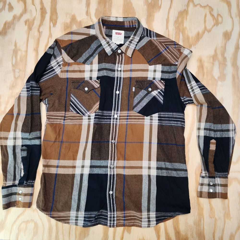 Levi's Shirt Mens Size XL Brown Plaid Pearl Snap Button Chest Pockets - Picture 2 of 6